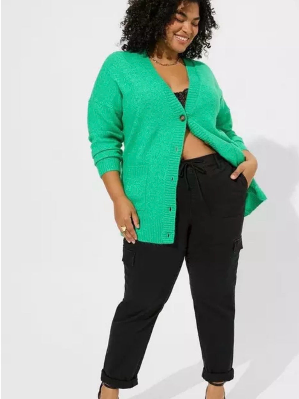 TORRID Green Vegan Cashmere Boyfriend V-Neck Cardigan Sweater - Picture 2 of 4